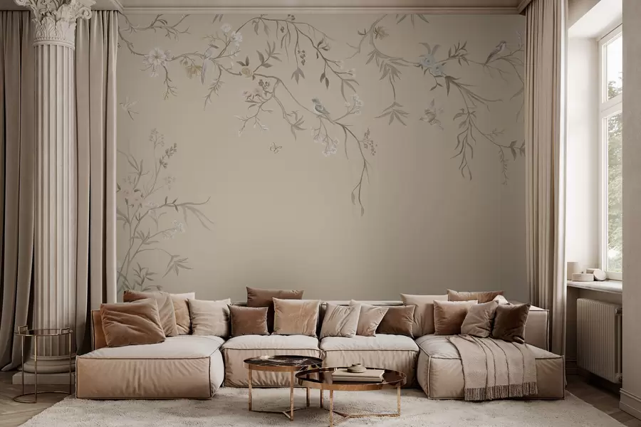 wall murals Light flowers and birds on a pastel background w05127v2