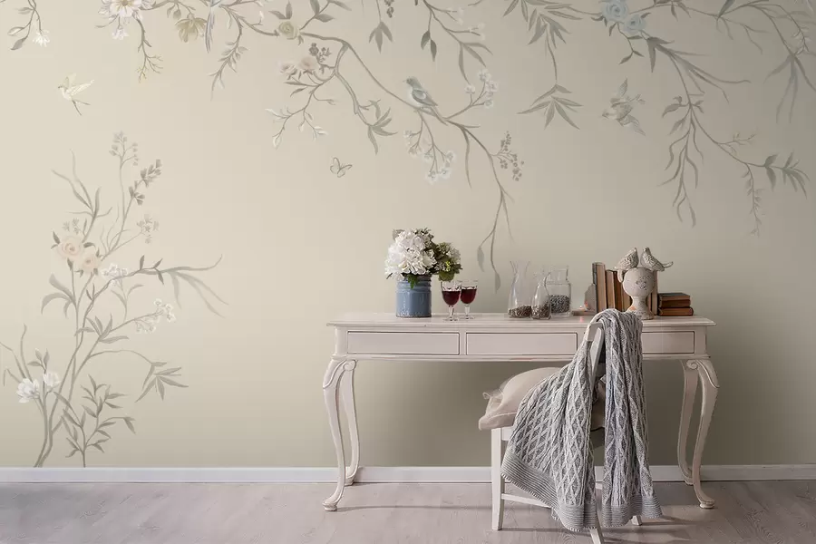 wall murals Light flowers and birds on a pastel background w05127v2