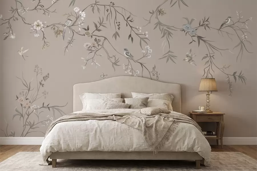 wall murals Floral ornament with birds on neutral background w05127v3