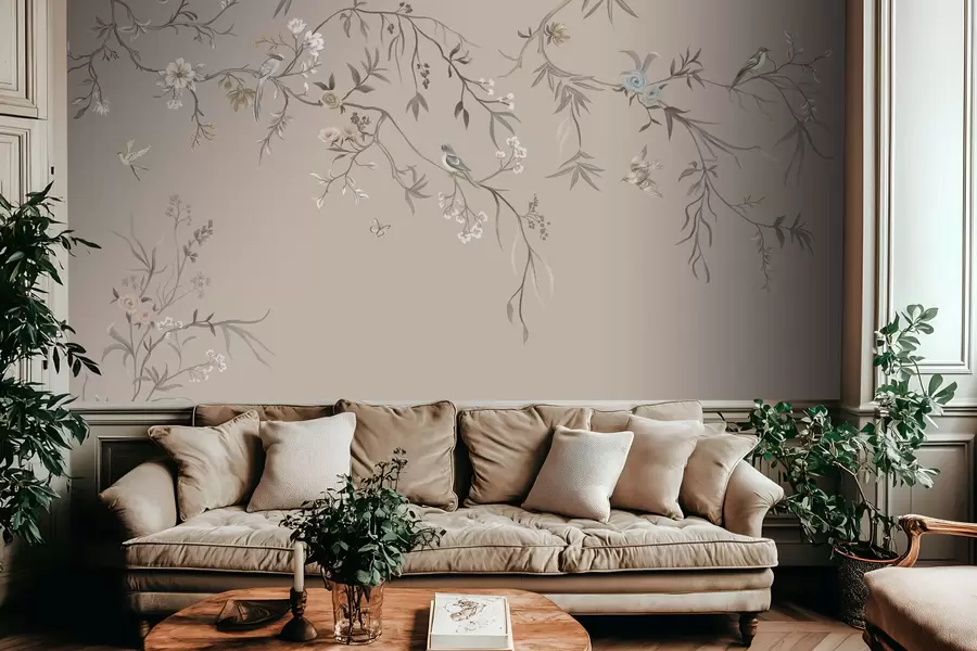 wall murals Floral ornament with birds on neutral background w05127v3