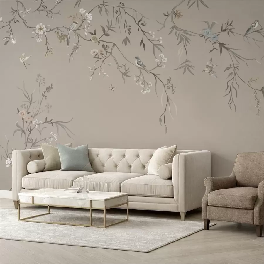 wall murals Floral ornament with birds on neutral background w05127v3