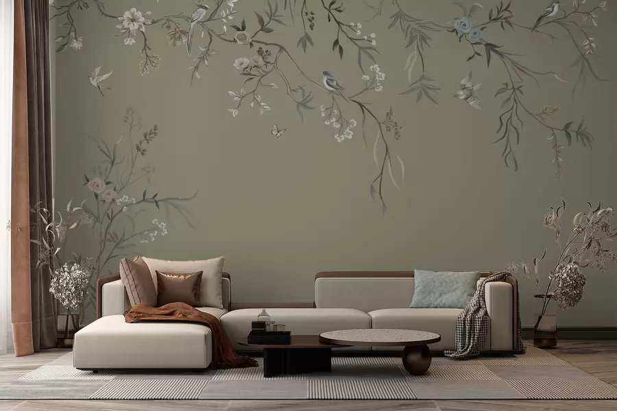 wall murals Floral motif with birds on gray background w05127v4