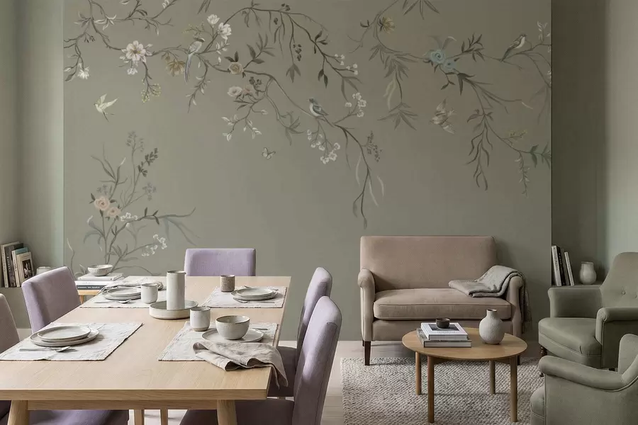 wall murals Floral motif with birds on gray background w05127v4
