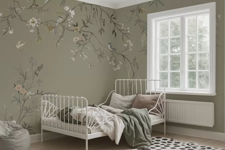 wall murals Floral motif with birds on gray background w05127v4