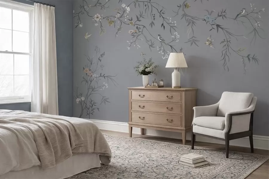 wall murals Floral branches with birds on greenish background w05127v5