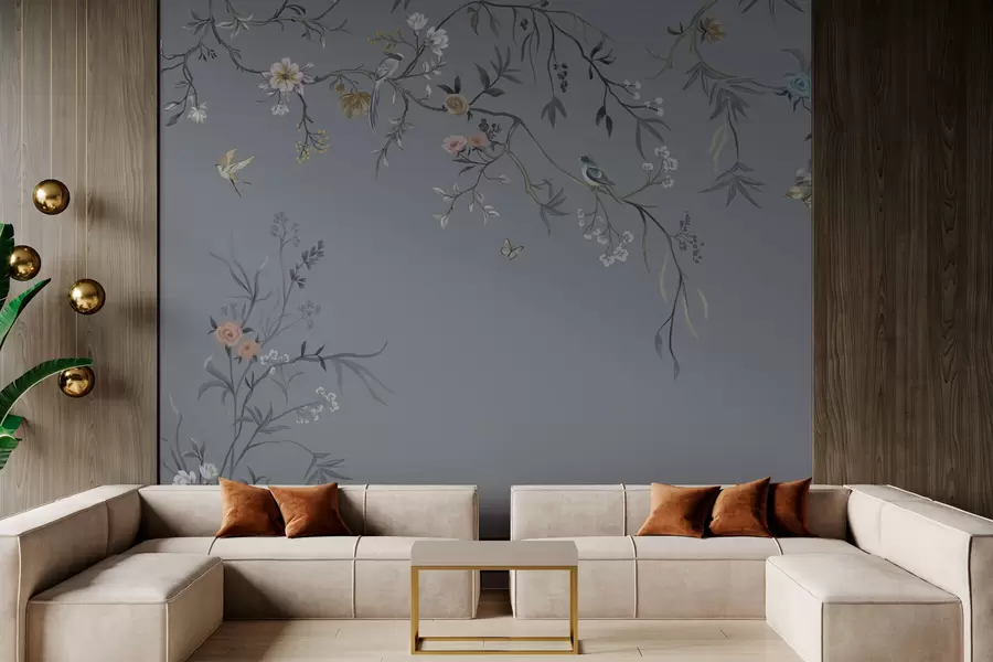 wall murals Floral branches with birds on greenish background w05127v5