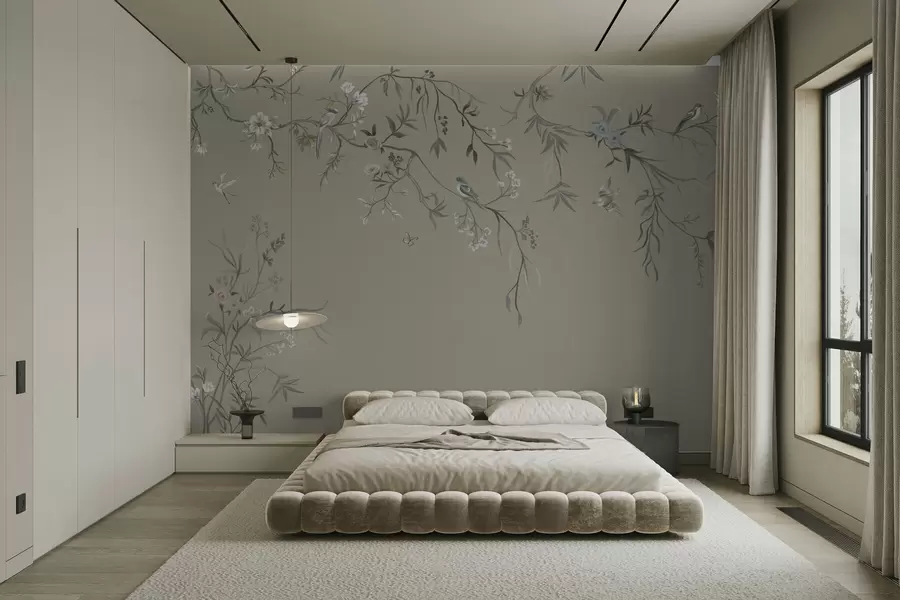 wall murals Floral pattern with birds on cool background w05127v6