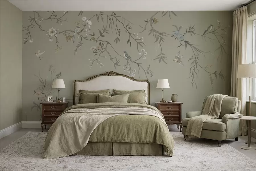wall murals Floral pattern with birds on cool background w05127v6
