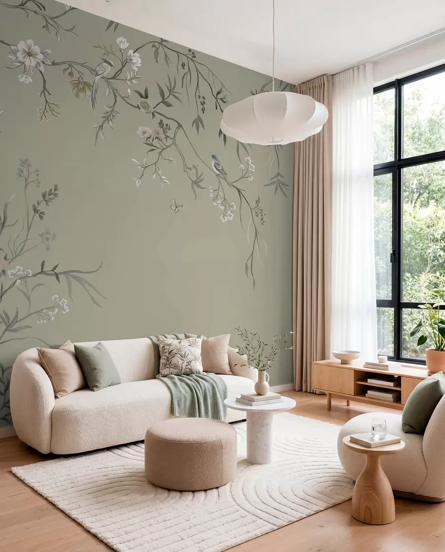 wall murals Floral pattern with birds on cool background w05127v6