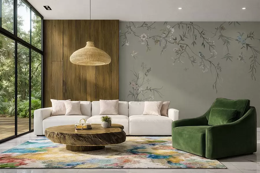 wall murals Floral pattern with birds on cool background w05127v6