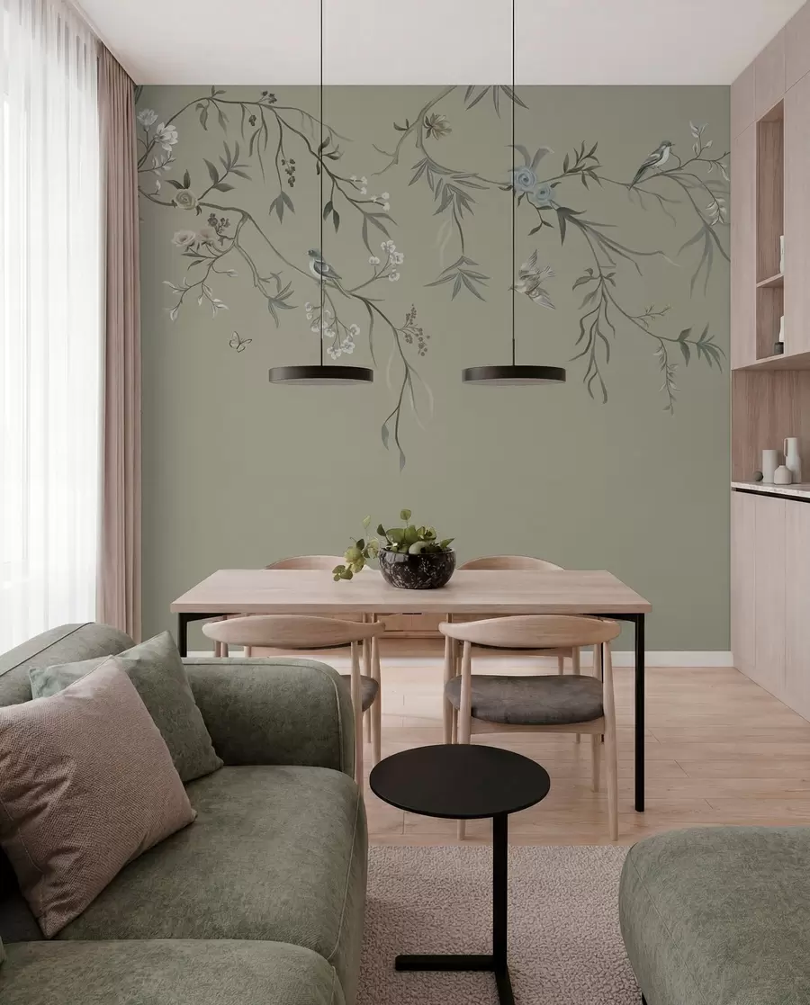 wall murals Boughs and Birds on Olive w05127v6