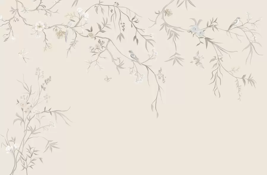 wall murals Floral branches with birds on a light background w05127v7