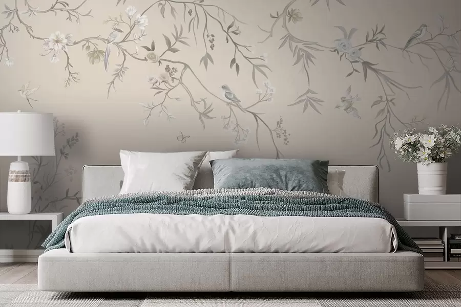 wall murals Floral branches with birds on a light background w05127v7