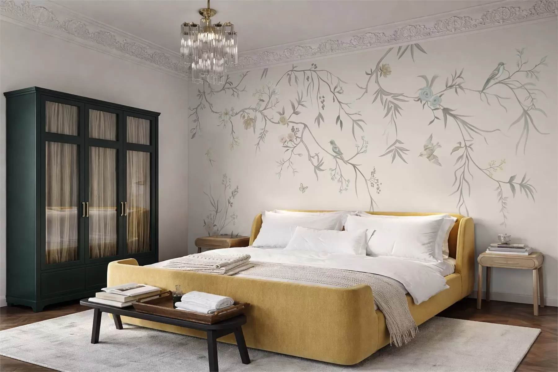 wall murals Floral branches with birds on a light background w05127v7