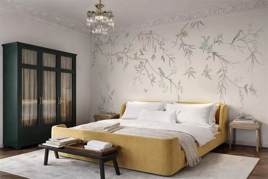 wall murals Floral branches with birds on a light background w05127v7