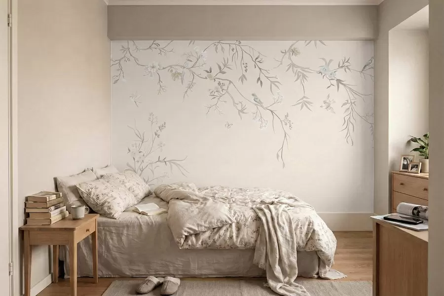 wall murals Floral branches with birds on a light background w05127v7