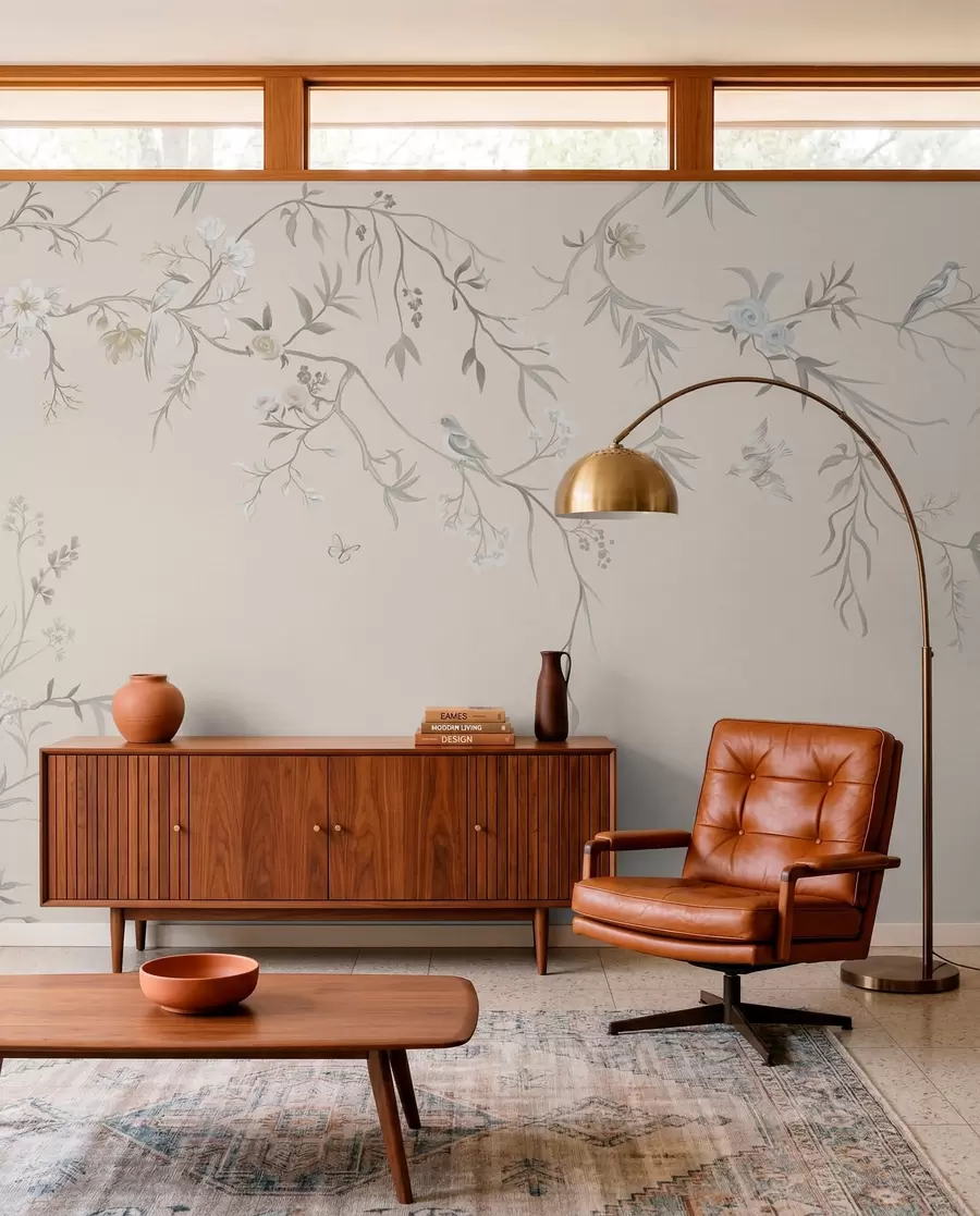 wall murals Floral branches with birds on a light background w05127v7