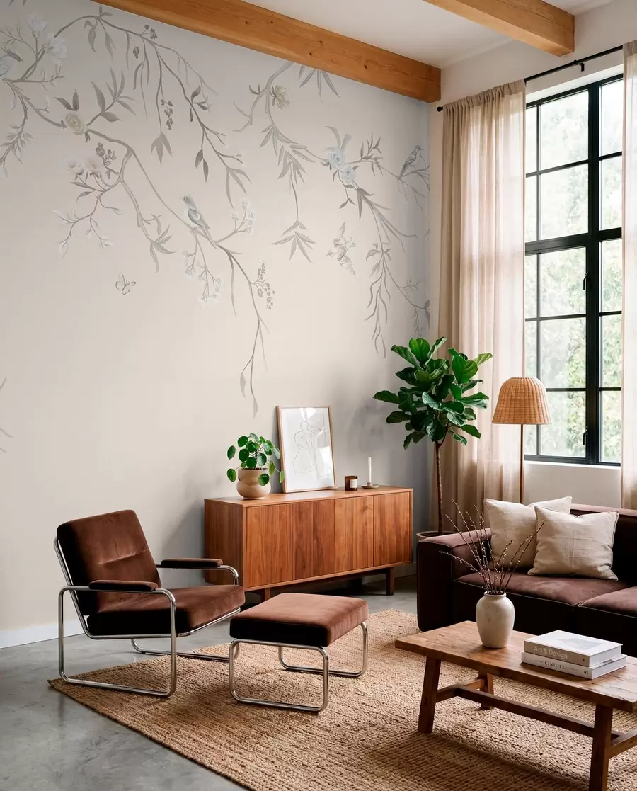 wall murals Floral branches with birds on a light background w05127v7