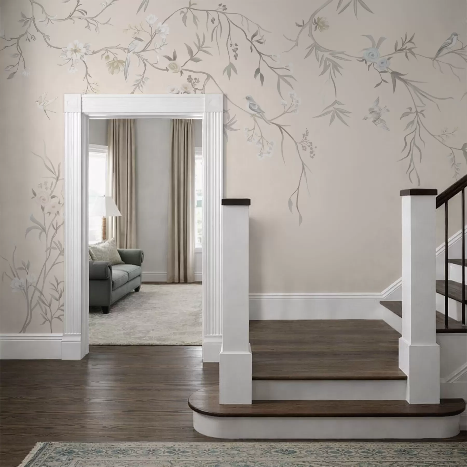 wall murals Floral branches with birds on a light background w05127v7