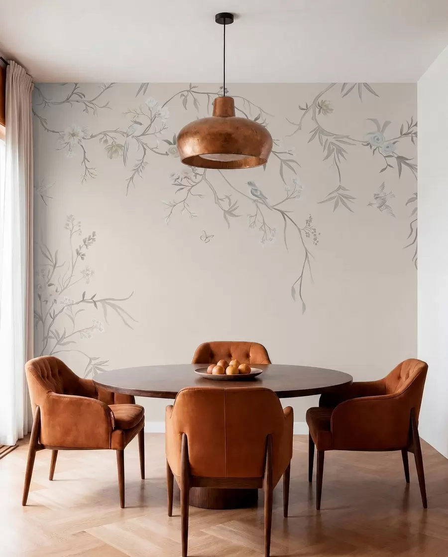 wall murals Floral branches with birds on a light background w05127v7