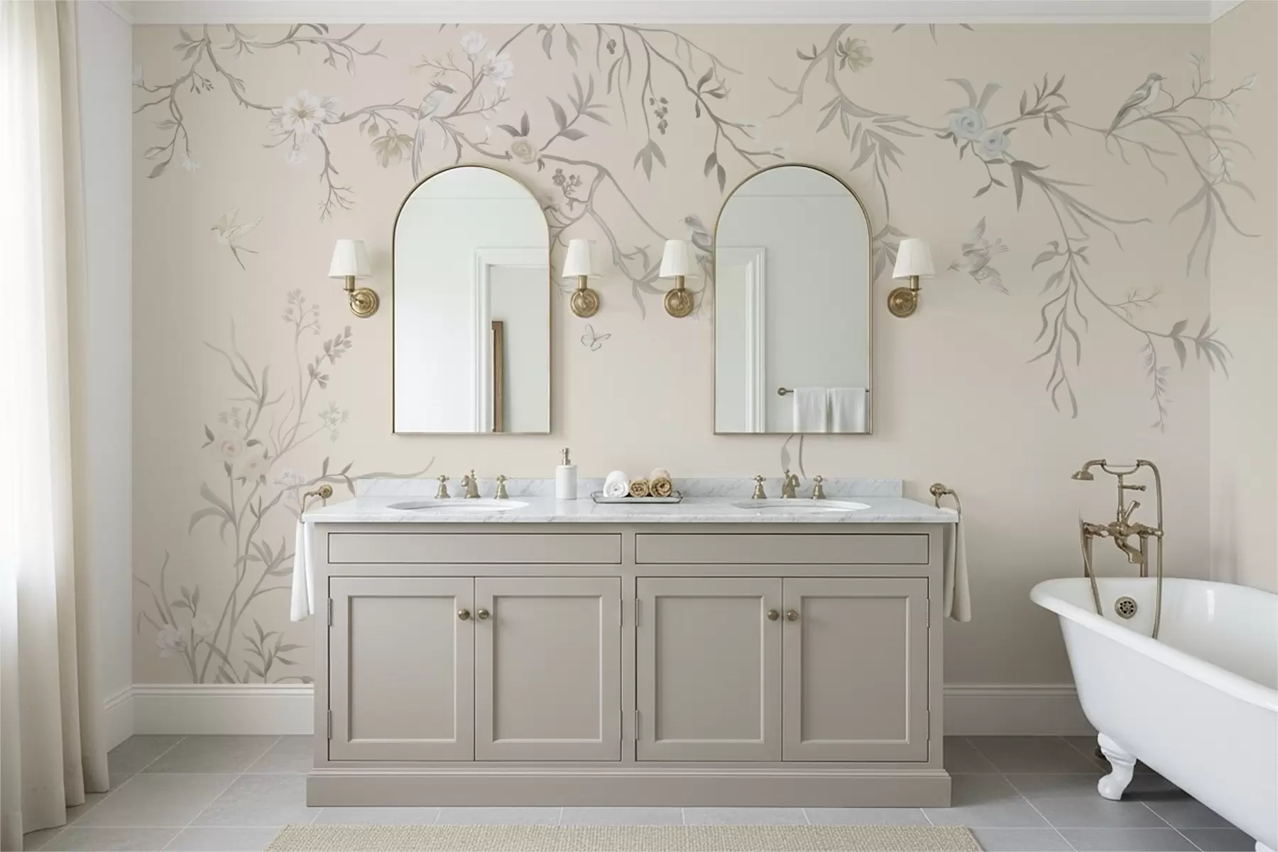 wall murals Floral branches with birds on a light background w05127v7