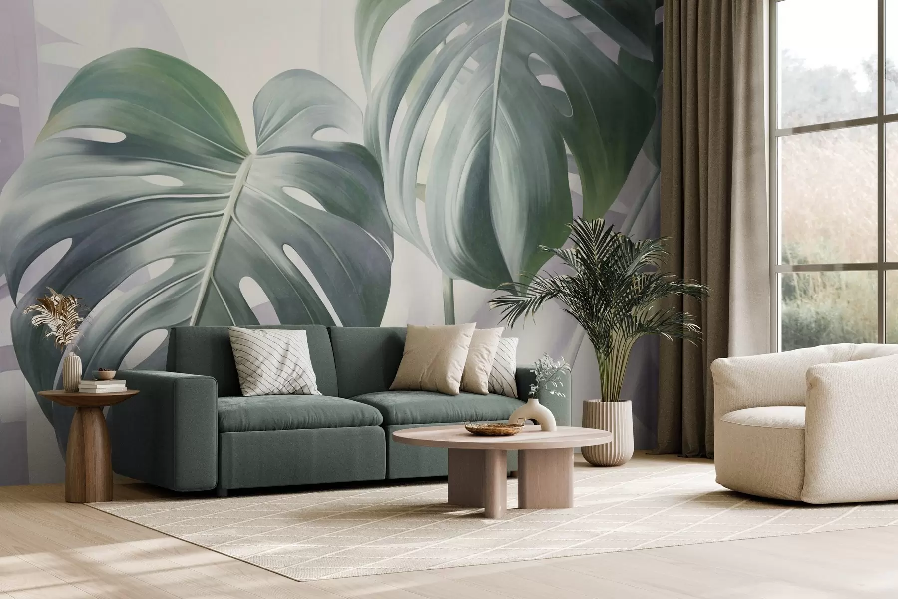 wall murals Textured monstera leaves large and green, against a soft, light abstract background w09477