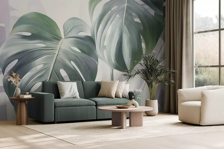 wall murals Textured monstera leaves large and green, against a soft, light abstract background w09477