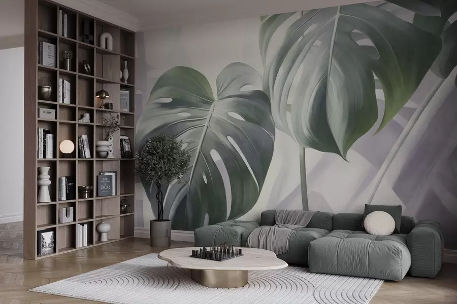 wall murals Textured monstera leaves large and green, against a soft, light abstract background w09477