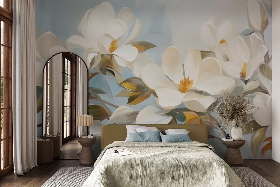 wall murals White magnolias with green leaves on a light blue background with abstract brushstrokes imitation w09478