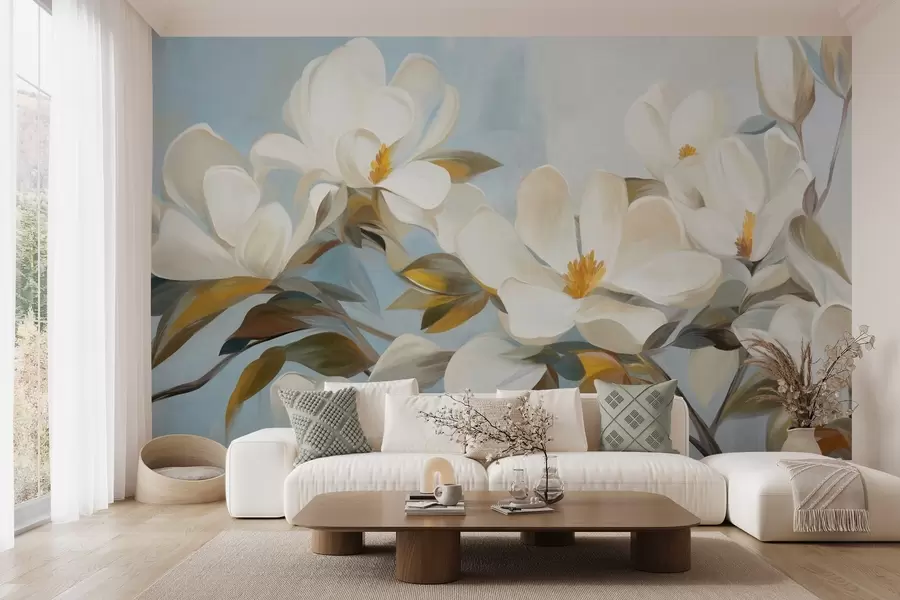 wall murals White magnolias with green leaves on a light blue background with abstract brushstrokes imitation w09478