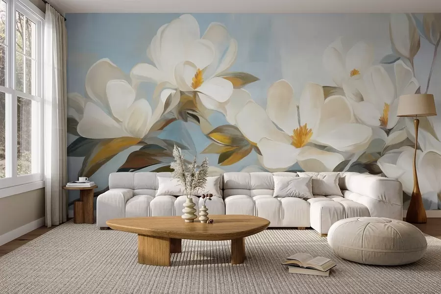 wall murals White magnolias with green leaves on a light blue background with abstract brushstrokes imitation w09478