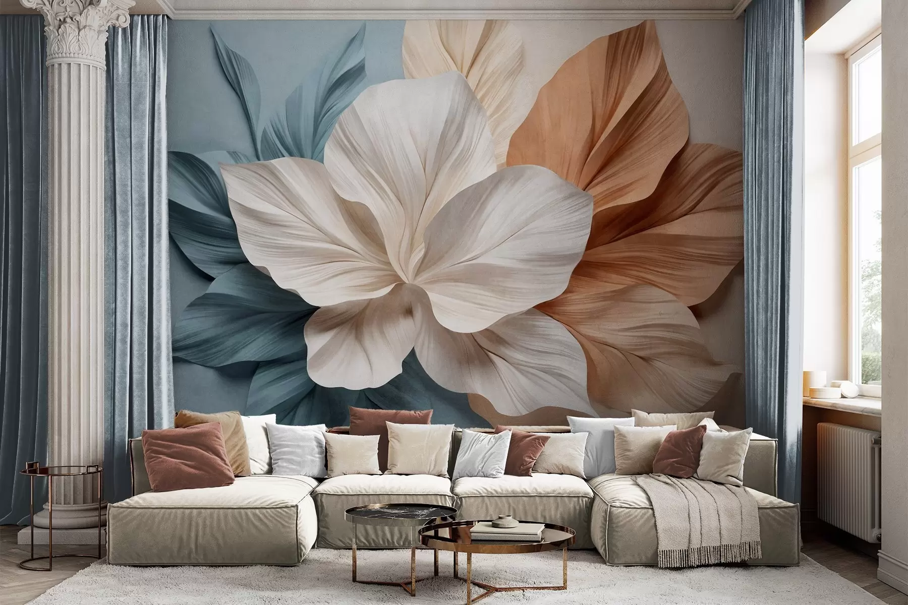 wall murals Abstract multi-petaled flower with textured leaves in shades of peach and blue, soft background w09604
