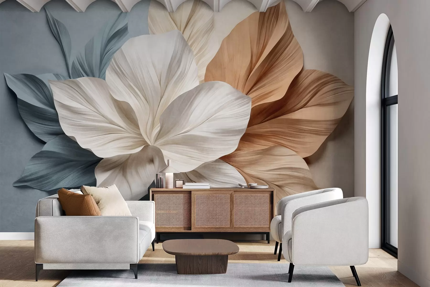 wall murals Abstract multi-petaled flower with textured leaves in shades of peach and blue, soft background w09604