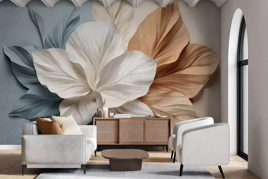 wall murals Abstract multi-petaled flower with textured leaves in shades of peach and blue, soft background w09604