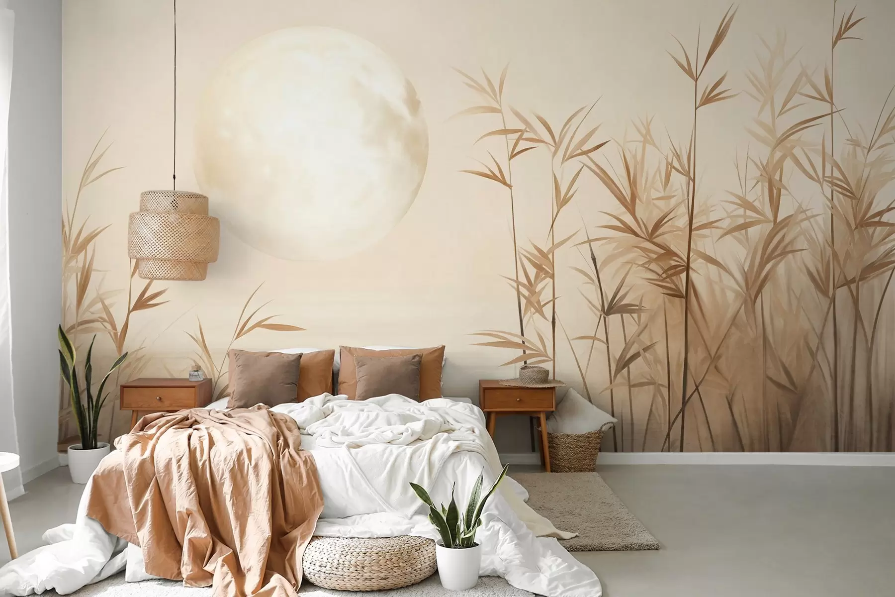 wall murals Textured landscape with tall reeds, lake and pale moon in a hazy sky w09631