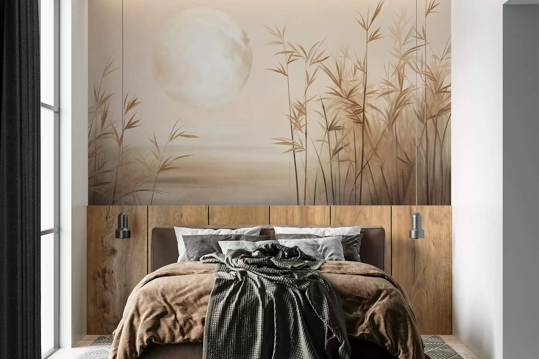 wall murals Textured landscape with tall reeds, lake and pale moon in a hazy sky w09631