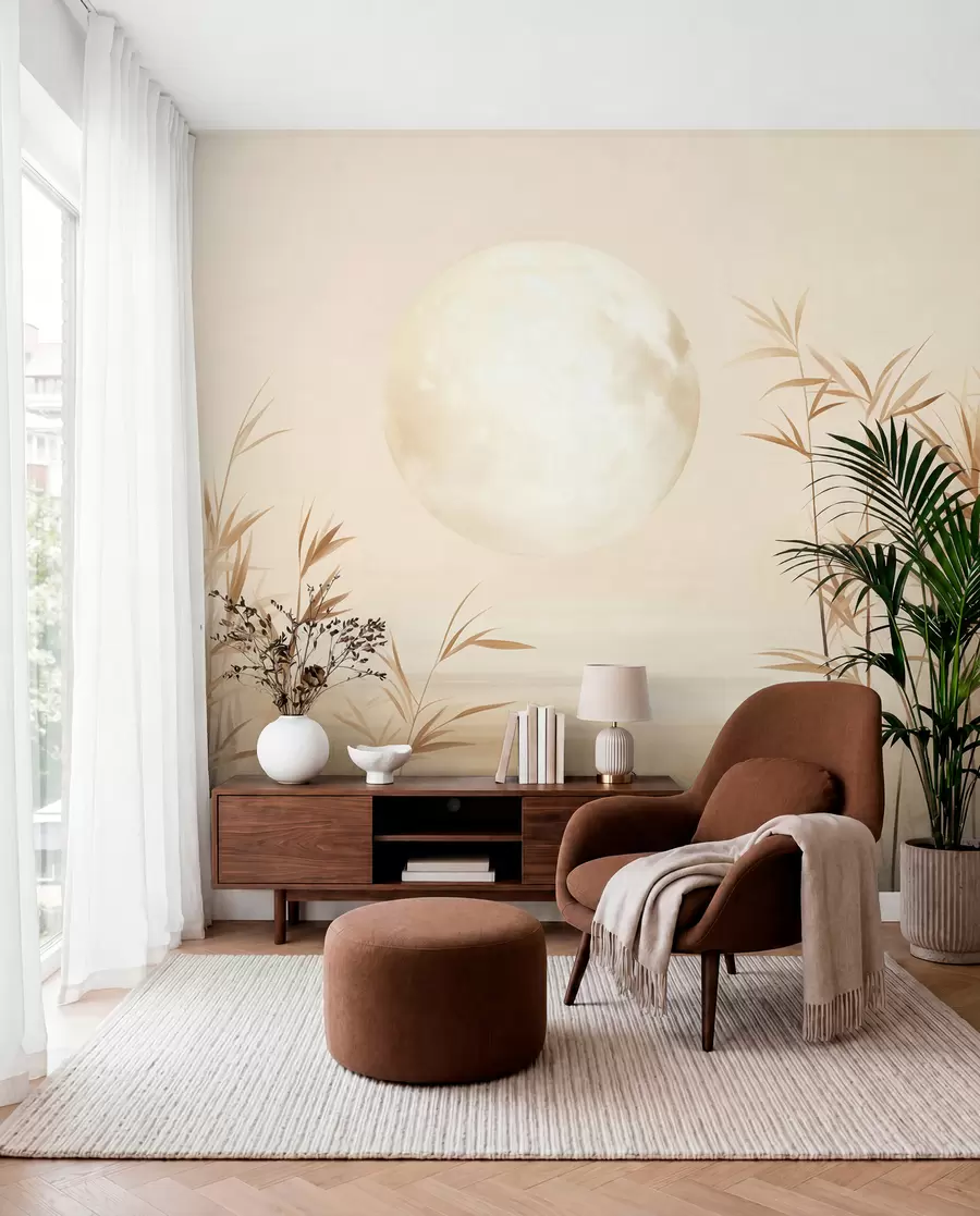 wall murals Textured landscape with tall reeds, lake and pale moon in a hazy sky w09631