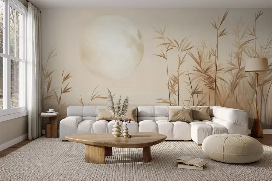 wall murals Textured landscape with tall reeds, lake and pale moon in a hazy sky w09631
