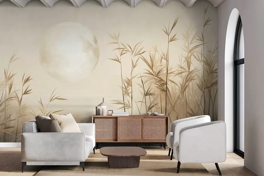 wall murals Textured landscape with tall reeds, lake and pale moon in a hazy sky w09631