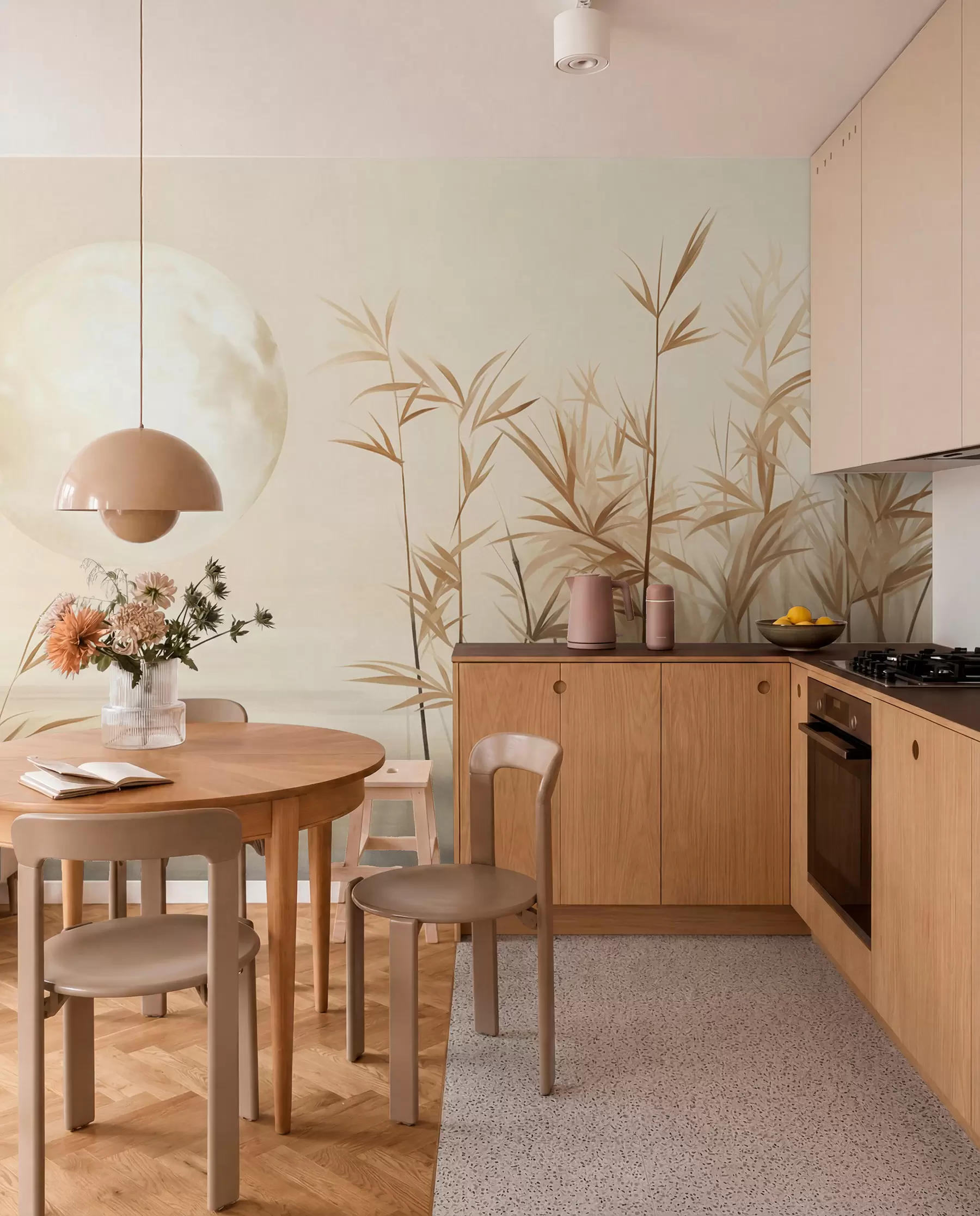 wall murals Textured landscape with tall reeds, lake and pale moon in a hazy sky w09631