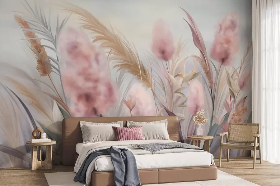 wall murals Pink and beige pampas grass and other dried flowers with a soft, hazy sky in the background w09635