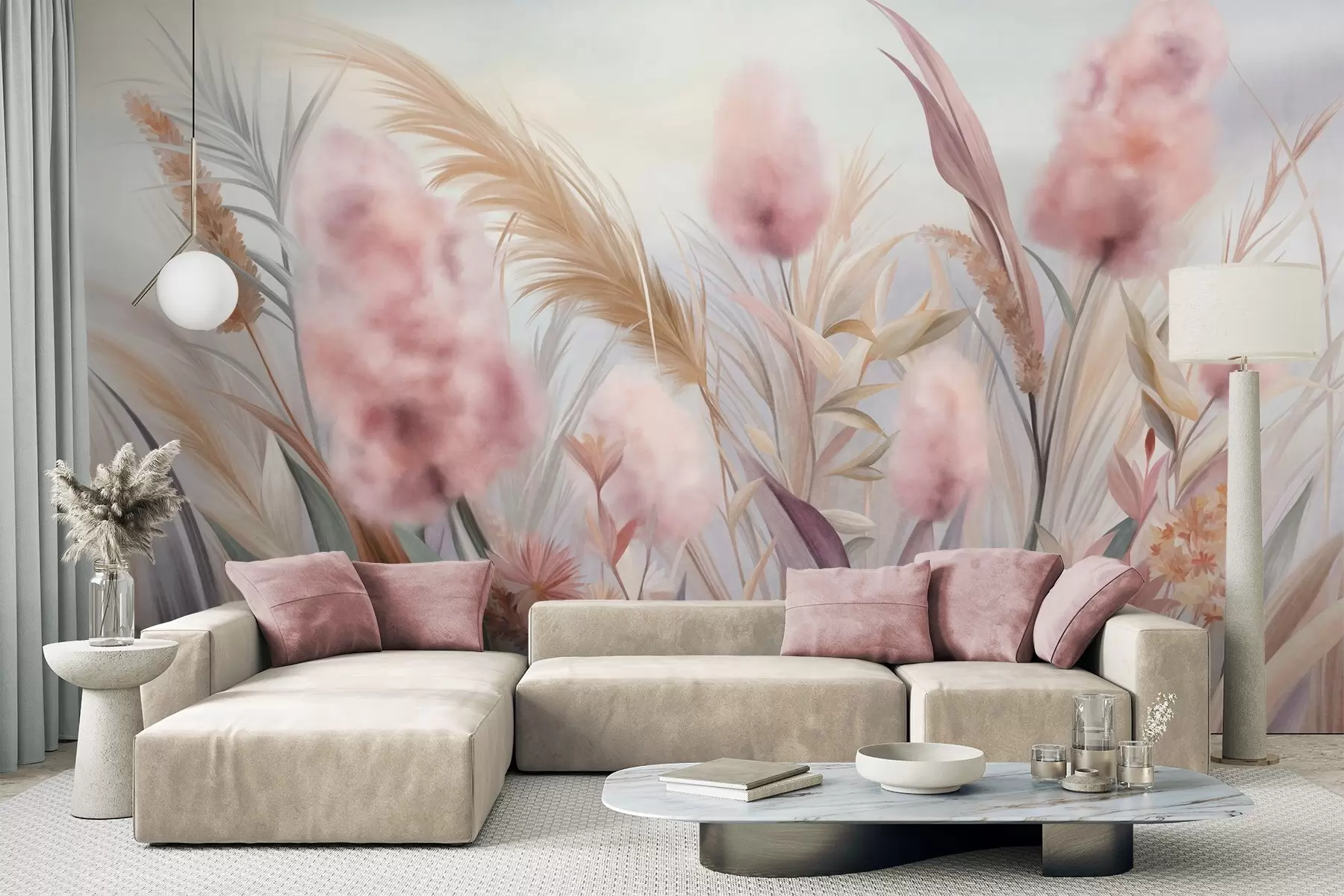 wall murals Pink and beige pampas grass and other dried flowers with a soft, hazy sky in the background w09635