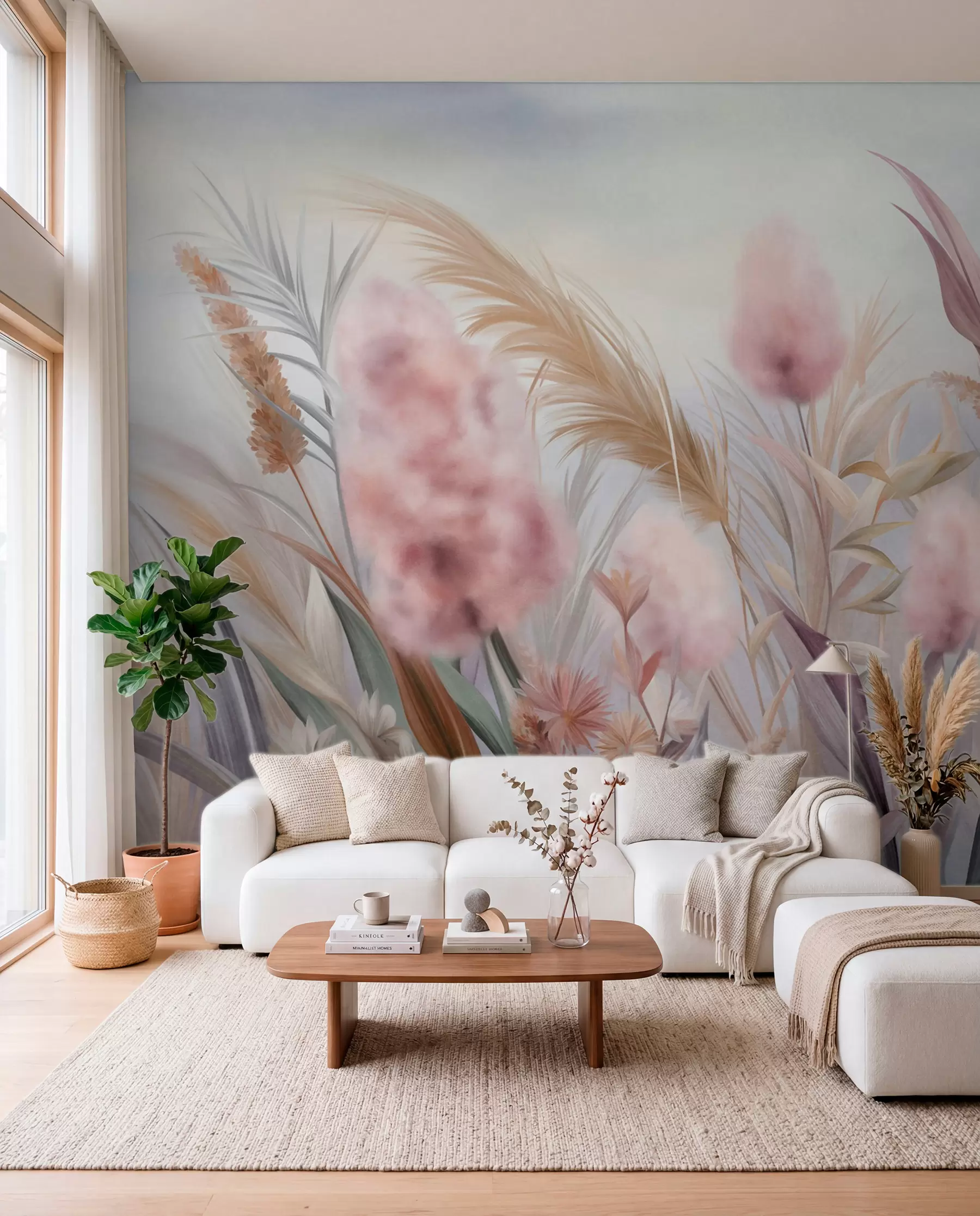 wall murals Pink and beige pampas grass and other dried flowers with a soft, hazy sky in the background w09635