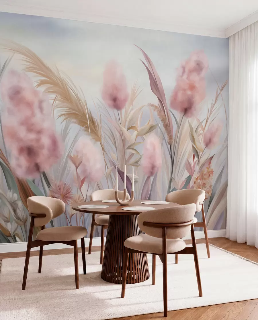 wall murals Pink and beige pampas grass and other dried flowers with a soft, hazy sky in the background w09635