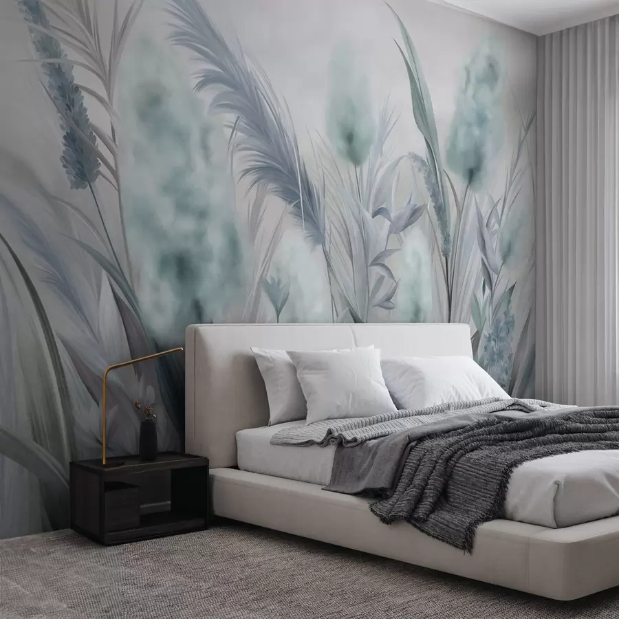 wall murals Blue and gray pampas grass and other dried flowers with a soft, hazy sky in the background w09635v1