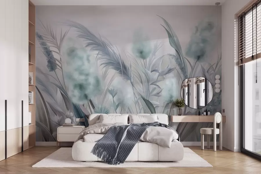 wall murals Blue and gray pampas grass and other dried flowers with a soft, hazy sky in the background w09635v1