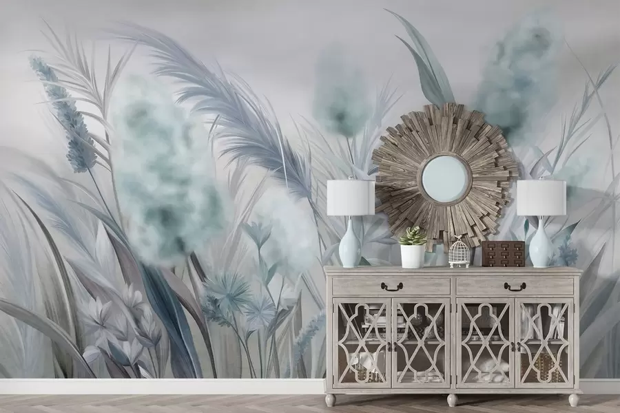 wall murals Blue and gray pampas grass and other dried flowers with a soft, hazy sky in the background w09635v1