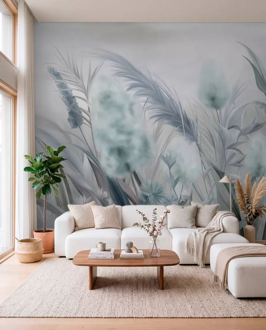 wall murals Blue and gray pampas grass and other dried flowers with a soft, hazy sky in the background w09635v1
