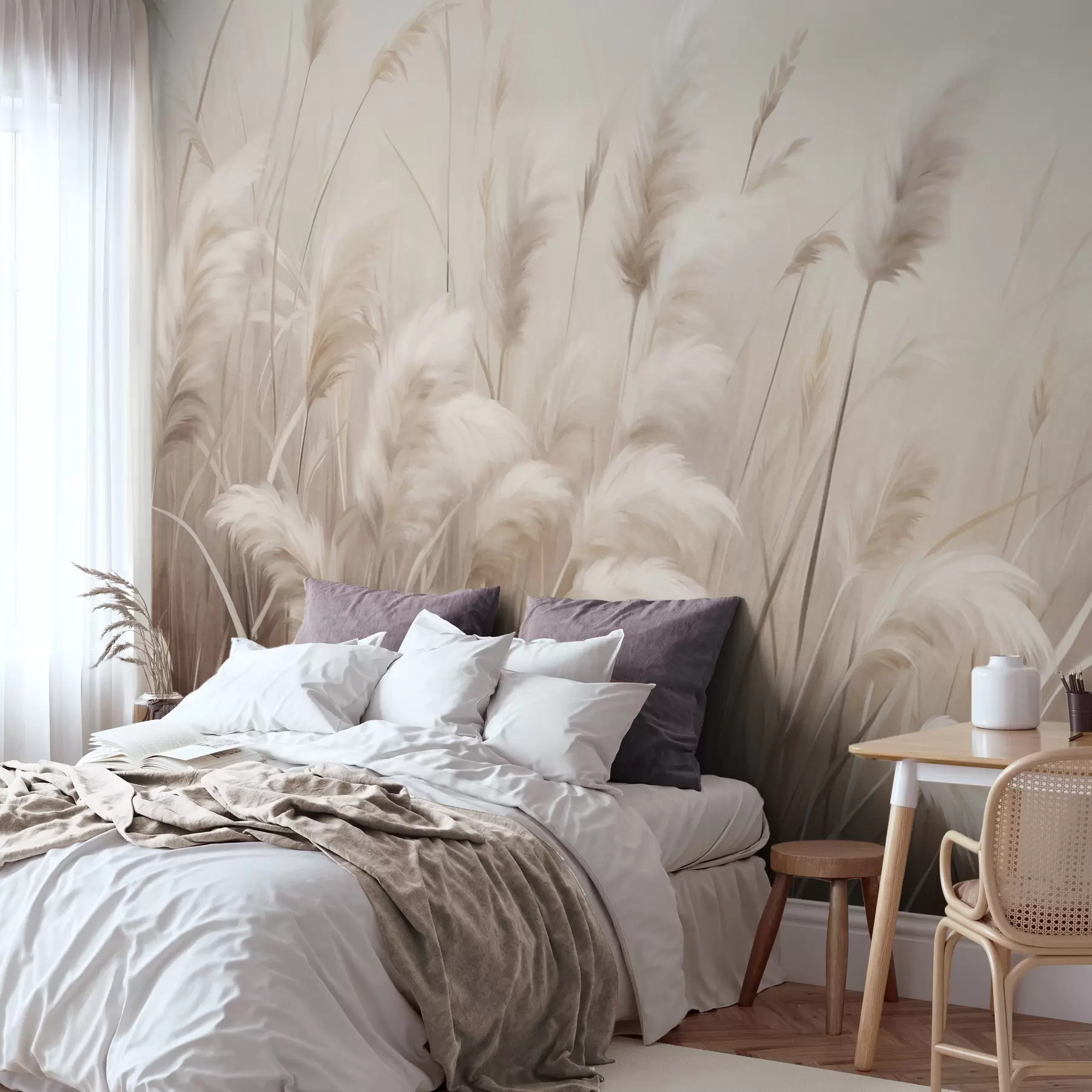 wall murals Tall, textured pampas grass in soft, warm, neutral tones, with a blurred, light background w09637