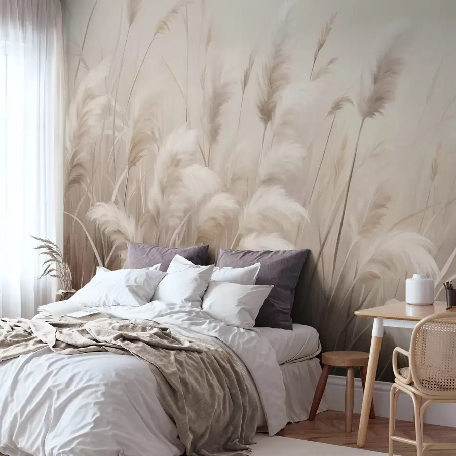 wall murals Tall, textured pampas grass in soft, warm, neutral tones, with a blurred, light background w09637